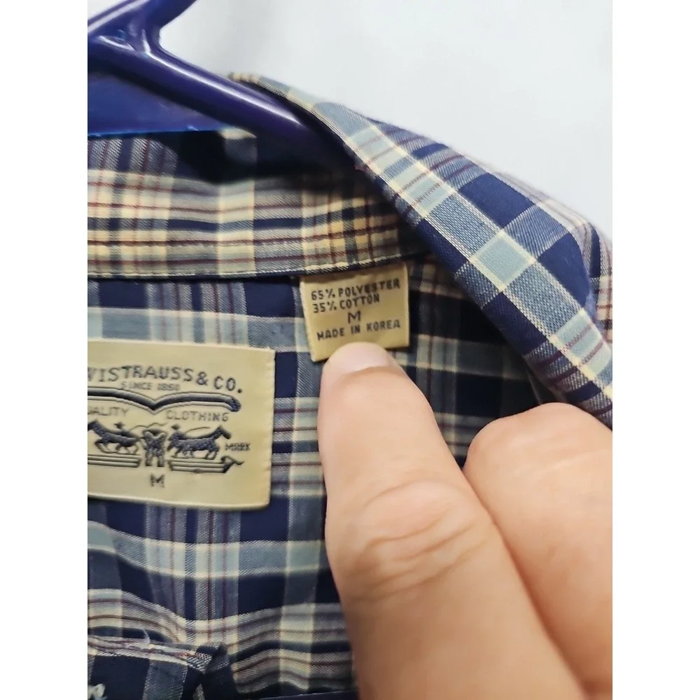 Levis Mens Blue Vintage Plaid‎ Pearl Snap Western Shirt Long Sleeve Sz M